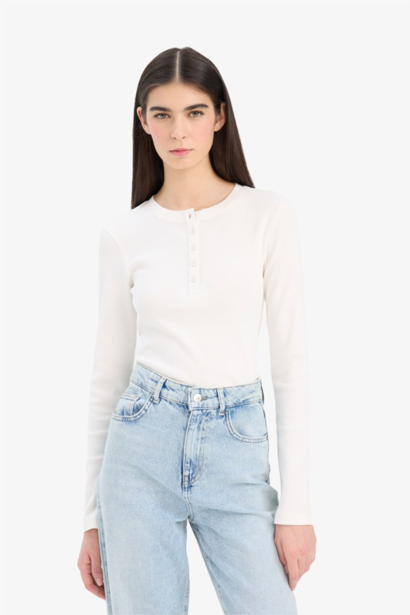 Женщины Бежевый Узкий крой рубашечный воротник длинный рукав трикотажная футболка