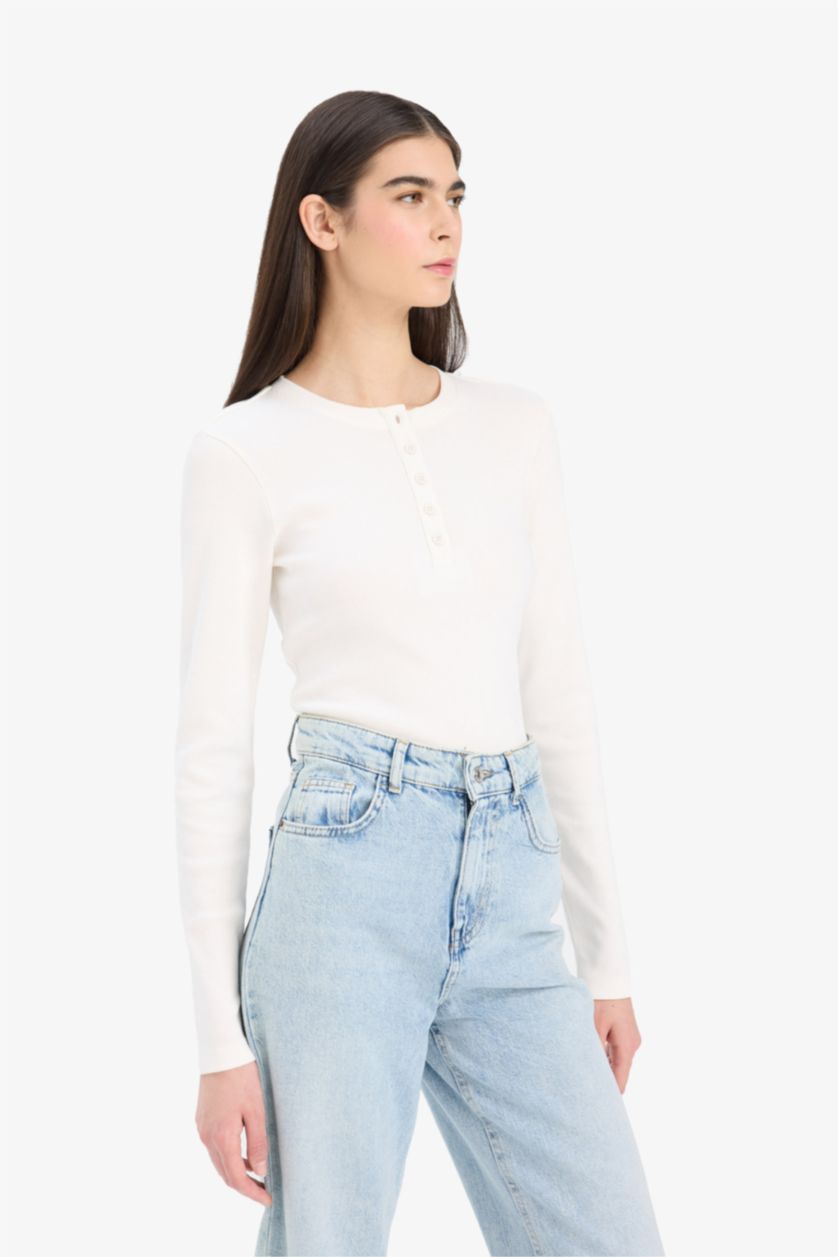 Женщины Бежевый Узкий крой рубашечный воротник длинный рукав трикотажная футболка