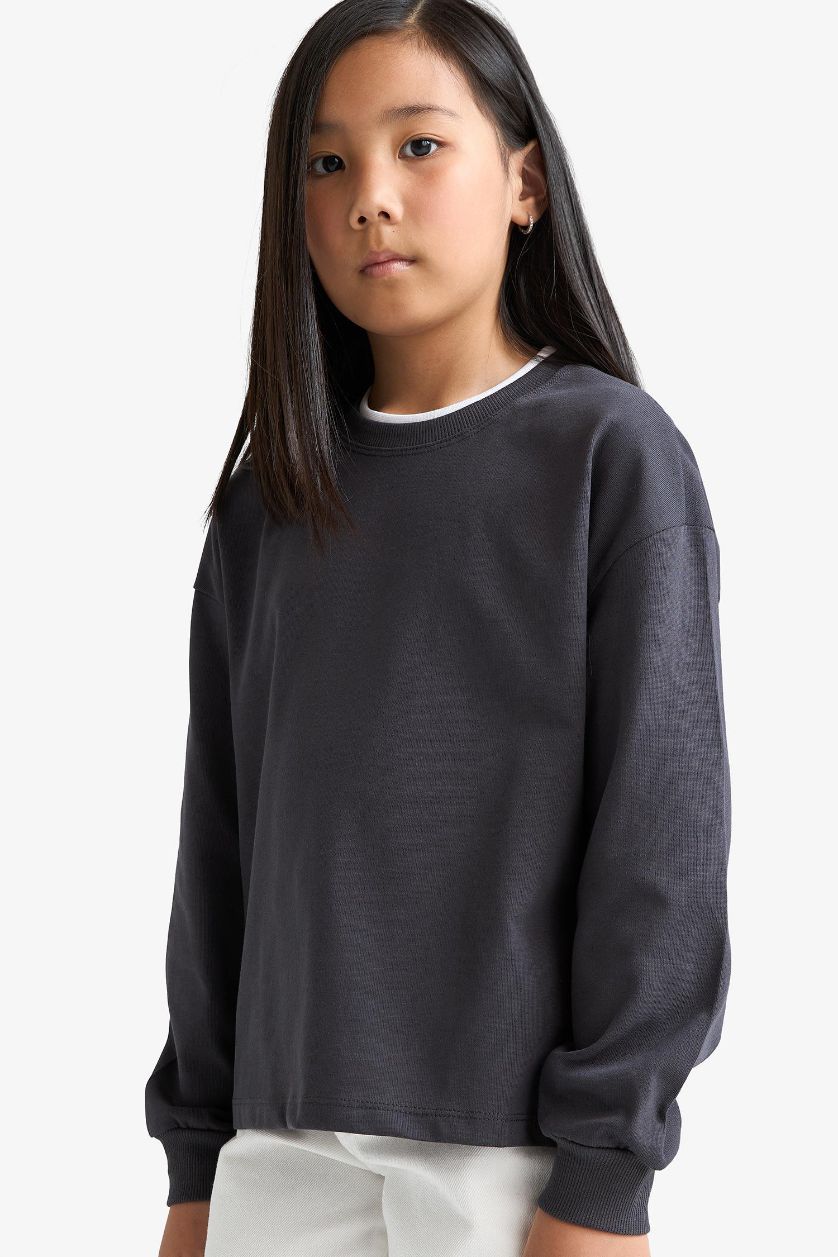 Girls & Teens Dark Anthracite Girl Relax Fit Crew Neck Long Sleeve T-Shirt