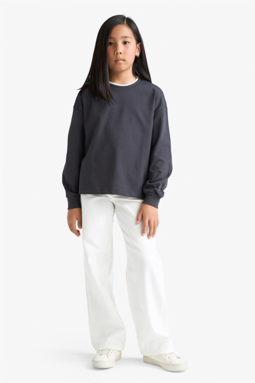 Girls & Teens Dark Anthracite Girl Relax Fit Crew Neck Long Sleeve T-Shirt