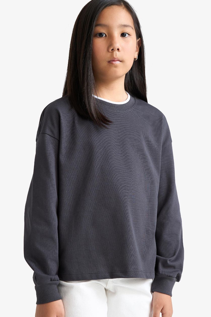 Girls & Teens Dark Anthracite Girl Relax Fit Crew Neck Long Sleeve T-Shirt