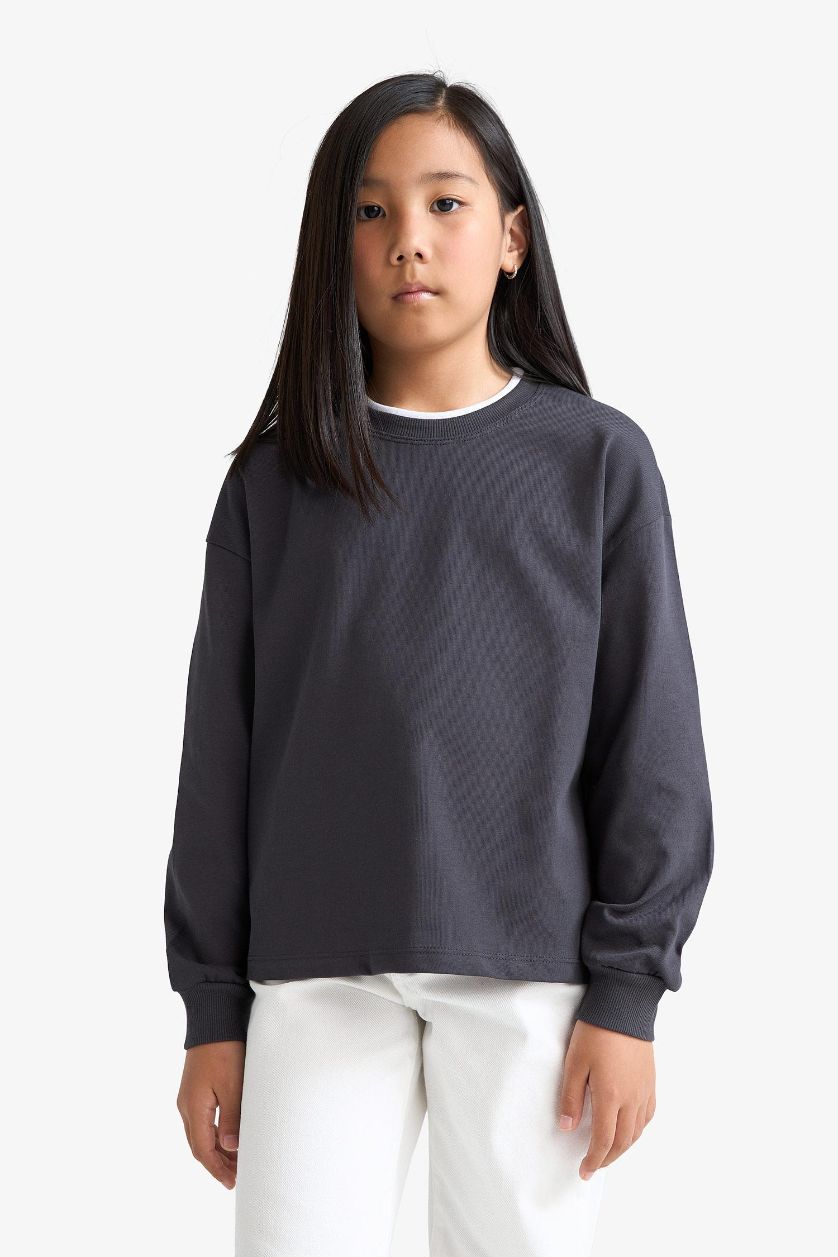 Girls & Teens Dark Anthracite Girl Relax Fit Crew Neck Long Sleeve T-Shirt