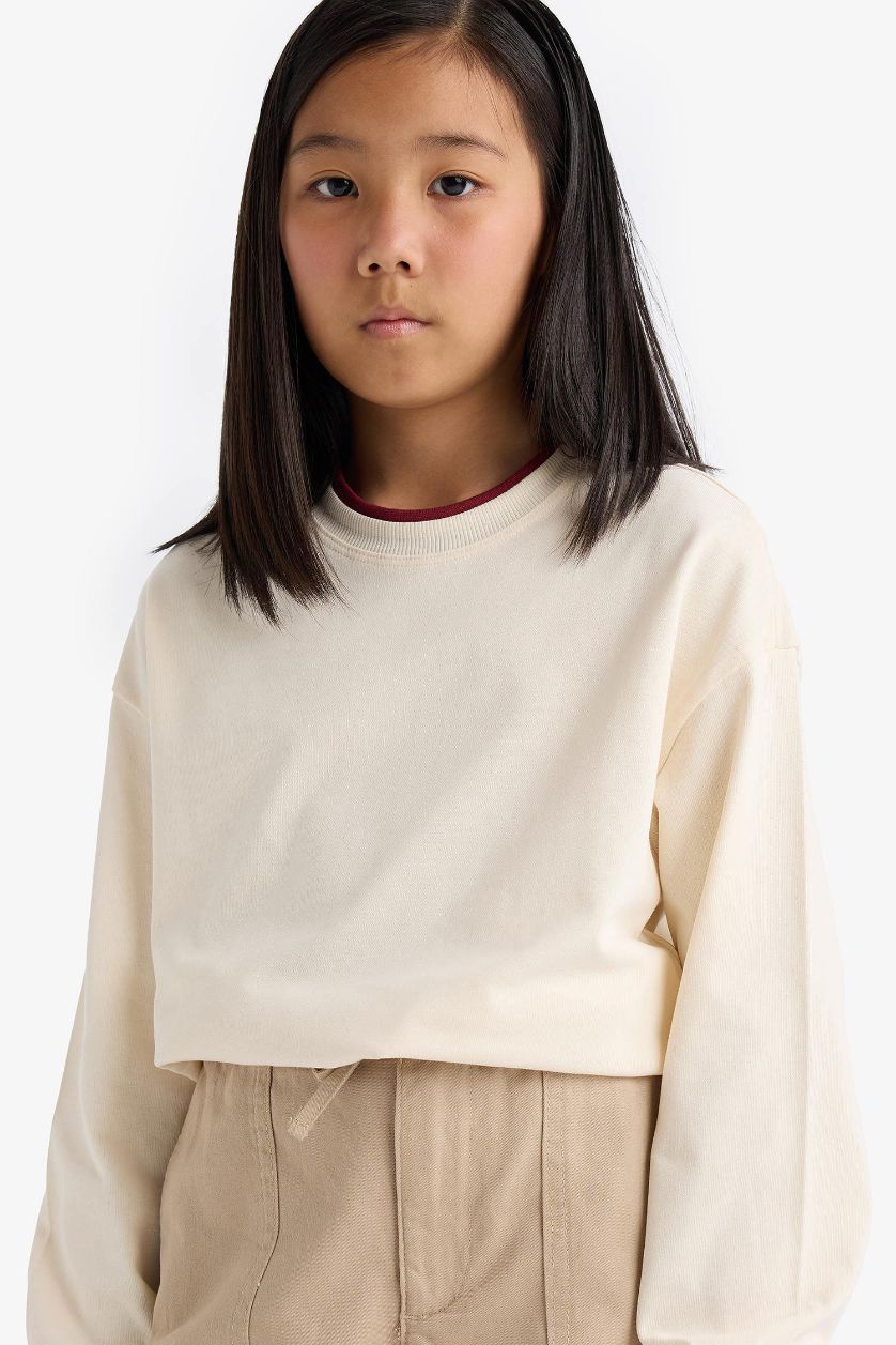 Girls & Teens Ecru Girl Relax Fit Crew Neck Long Sleeve T-Shirt