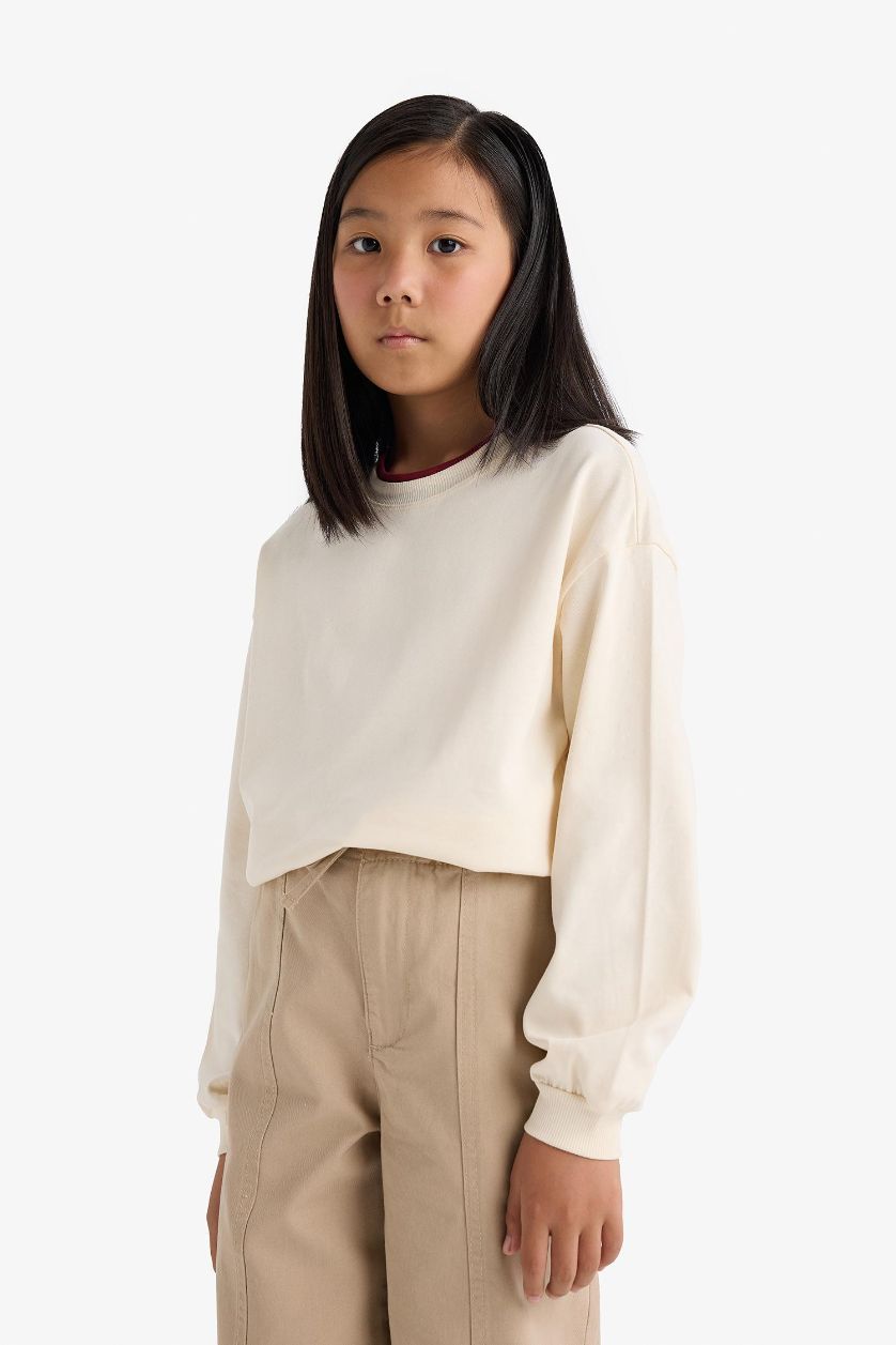 Girls & Teens Ecru Girl Relax Fit Crew Neck Long Sleeve T-Shirt