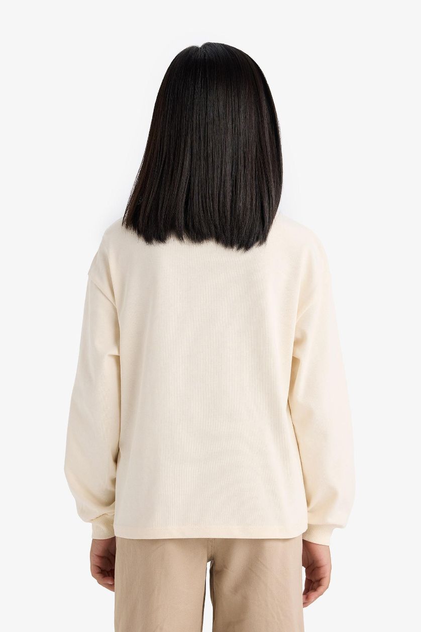 Girls & Teens Ecru Girl Relax Fit Crew Neck Long Sleeve T-Shirt