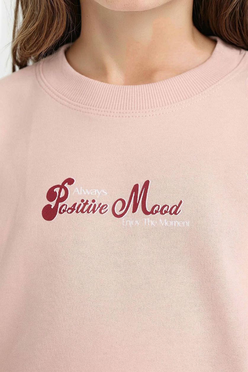 FILLES Beige Sweatshirt ample à col rond imprimé pour fille