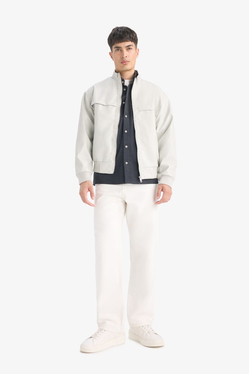 Erkek Açık Gri Oversize Fit Geniş Kalıp Dik Yaka Fermuarlı Cepli Suni Deri Ceket Mont