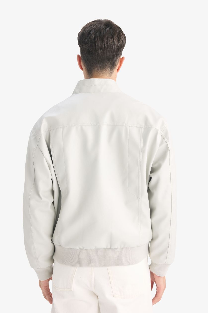 Erkek Açık Gri Oversize Fit Geniş Kalıp Dik Yaka Fermuarlı Cepli Suni Deri Ceket Mont