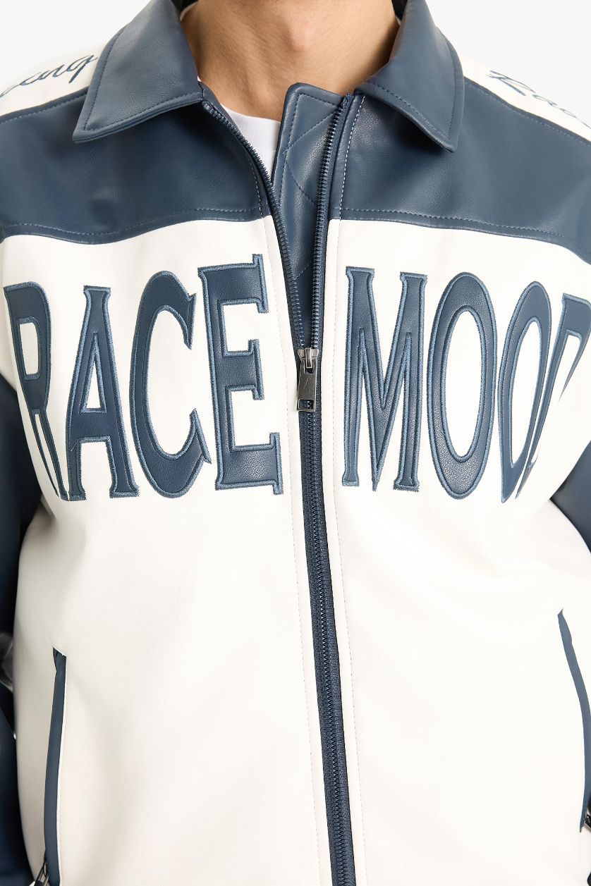 HOMME Marin Veste en similicuir Oversize zippée à col contraste avec détails brodés et poches