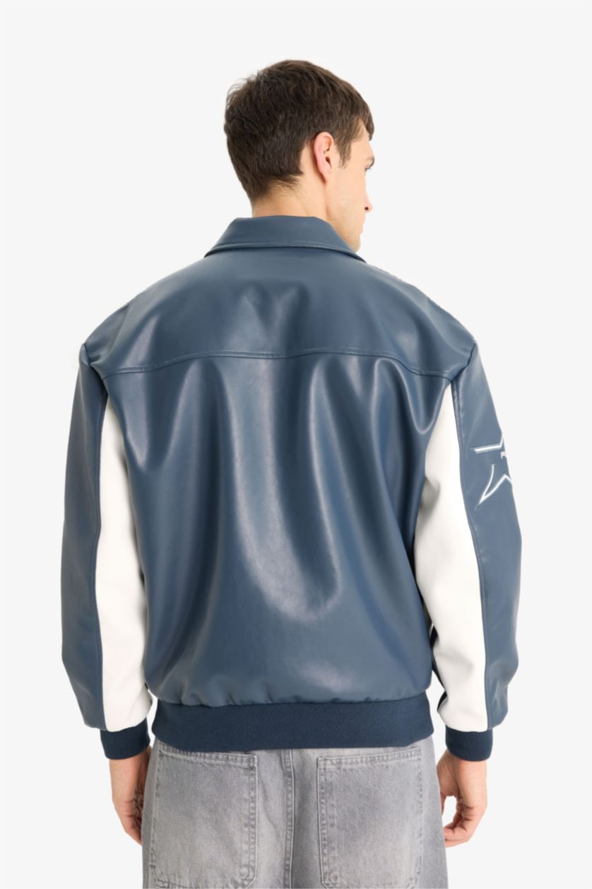 HOMME Marin Veste en similicuir Oversize zippée à col contraste avec détails brodés et poches