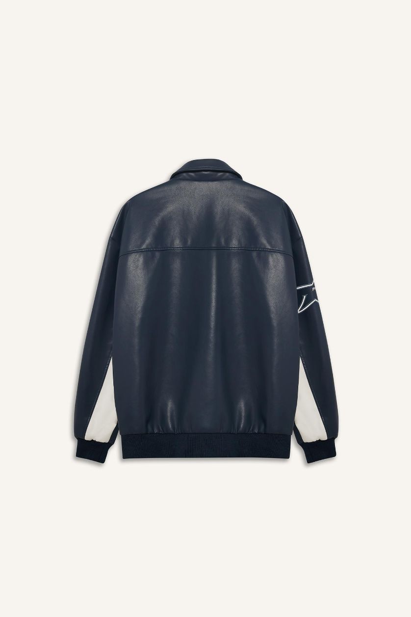 HOMME Marin Veste en similicuir Oversize zippée à col contraste avec détails brodés et poches