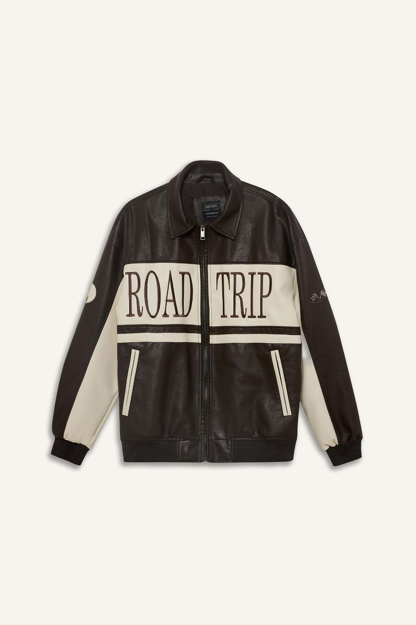 Erkek Kahve Oversize Geniş Kalıp Gömlek Yaka Fermuarlı Nakış Detaylı İç Cepli Suni Deri Mont