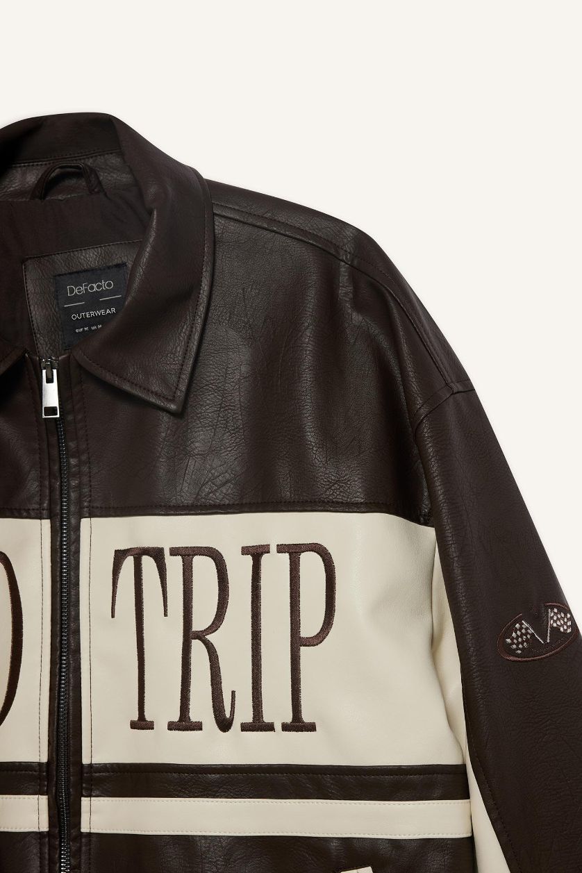 Erkek Kahve Oversize Geniş Kalıp Gömlek Yaka Fermuarlı Nakış Detaylı İç Cepli Suni Deri Mont