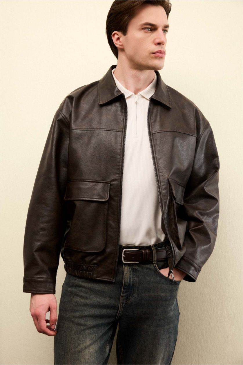 MAN Light Brown Zipper Faux Leather Jacket