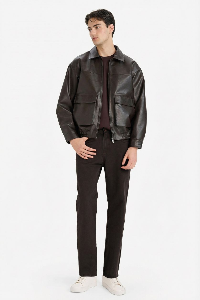 Erkek Açık Kahve Oversıze Gömlek Yaka Fermuarlı Suni Deri Mont