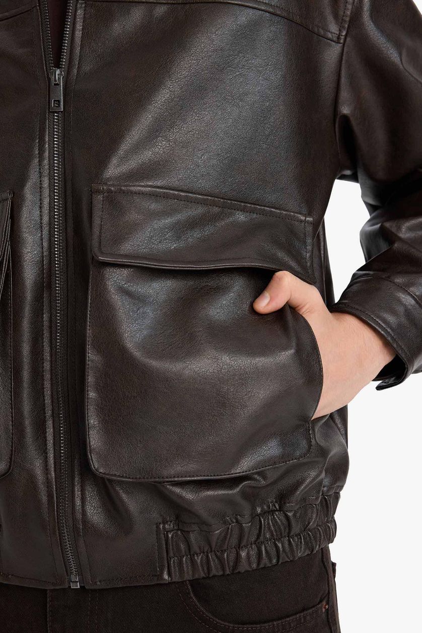 Erkek Açık Kahve Oversıze Gömlek Yaka Fermuarlı Suni Deri Mont