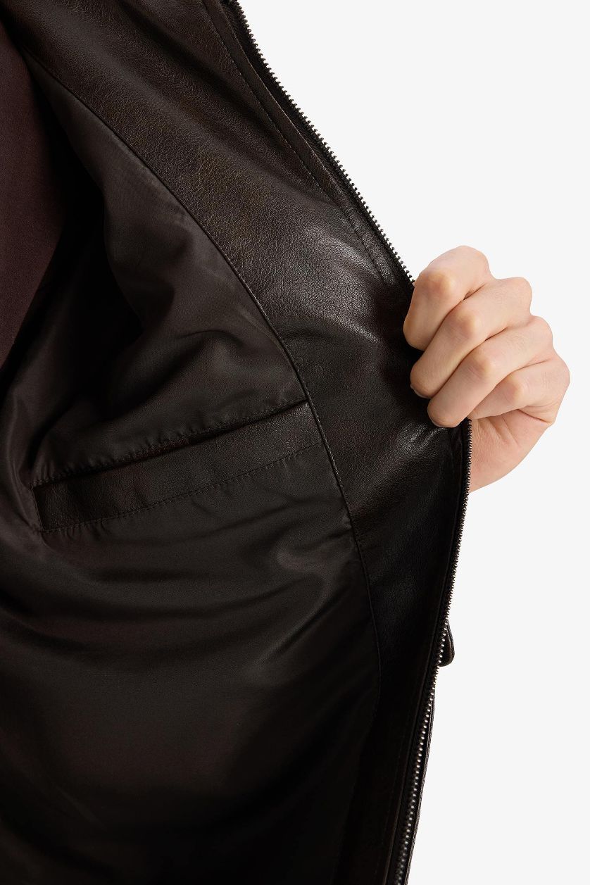 Erkek Açık Kahve Oversıze Gömlek Yaka Fermuarlı Suni Deri Mont