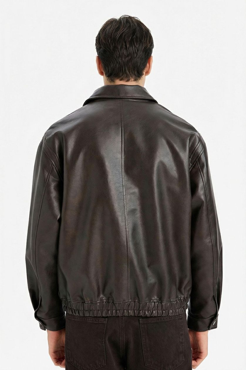 Erkek Açık Kahve Oversıze Gömlek Yaka Fermuarlı Suni Deri Mont