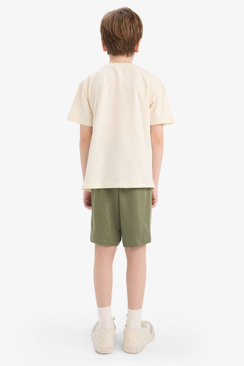 Erkek Çocuk - Genç Erkek Ekru 2'li Takım Baskılı Kısa Kollu Tişört Şort Erkek Çocuk