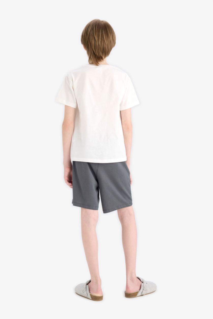 Erkek Çocuk - Genç Erkek Kırık Beyaz 2'li Takım Baskılı Kısa Kollu Tişört Şort Erkek Çocuk