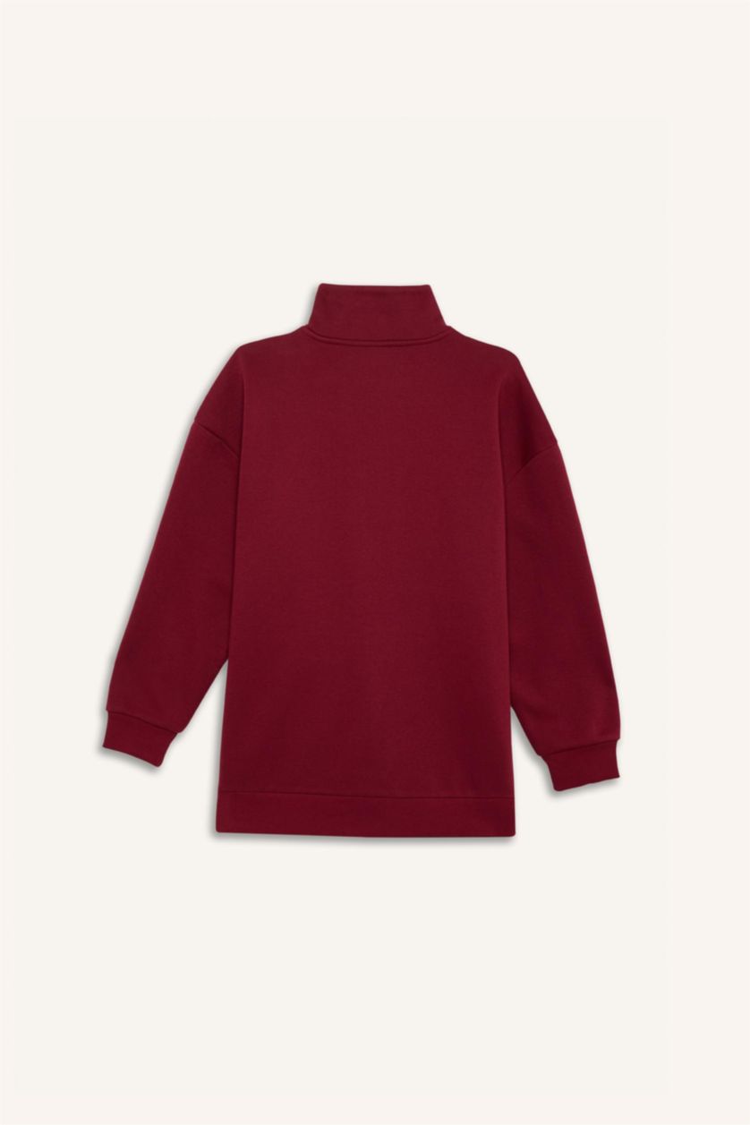 Kadın Bordo Regular Fit Fermuarlı Dik Yaka Baskı Detaylı İçi Yumuşak Tüylü Kalın Sweatshirt Tunik