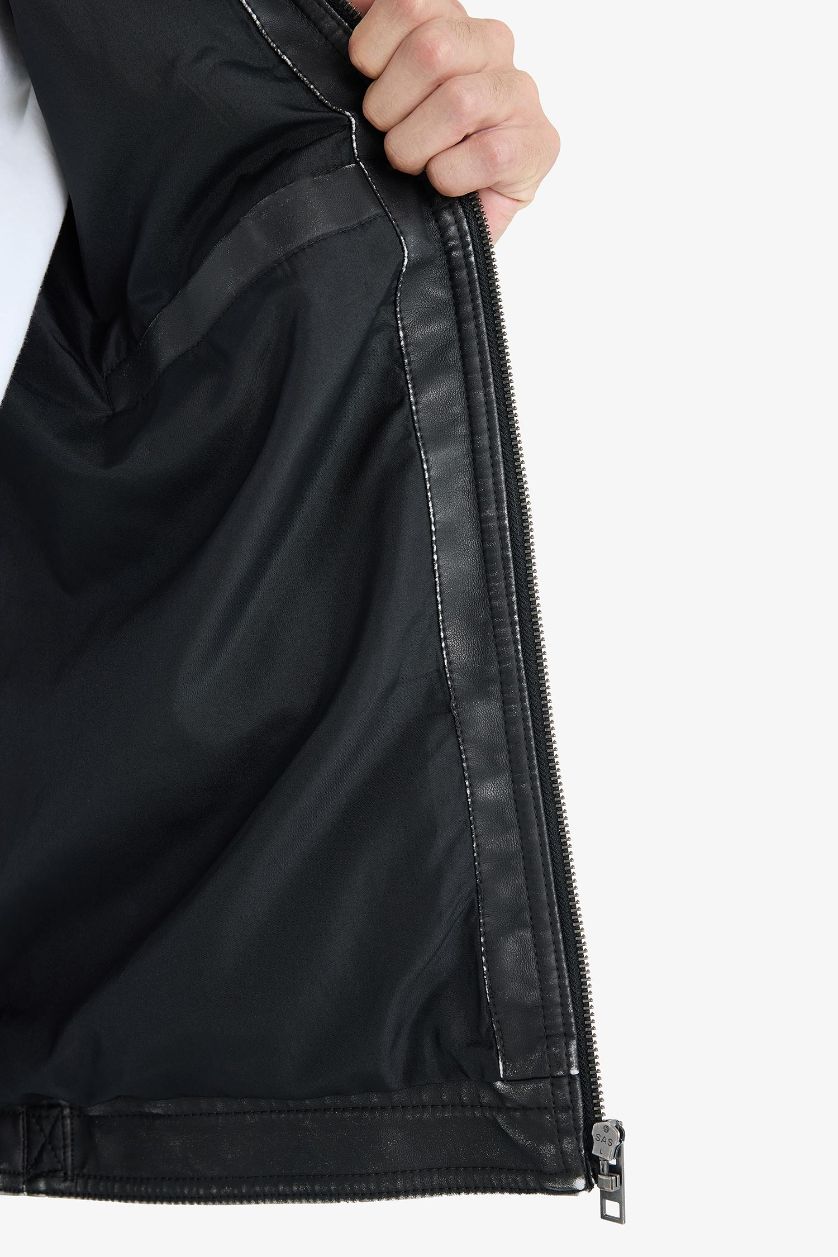 Erkek Siyah Slim Fit Dar Kesim Dik Yaka Fermuarlı Biker Suni Deri Mont