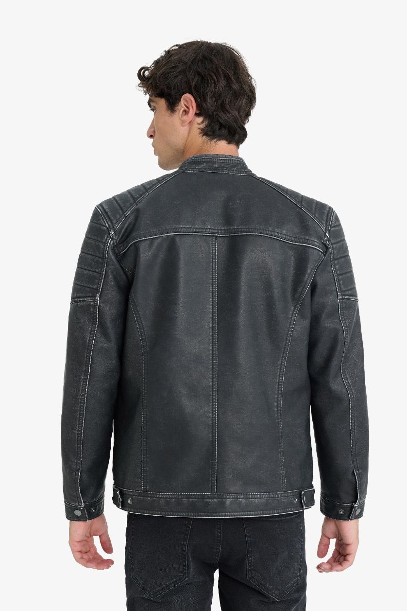 Erkek Siyah Slim Fit Dar Kesim Dik Yaka Fermuarlı Biker Suni Deri Mont