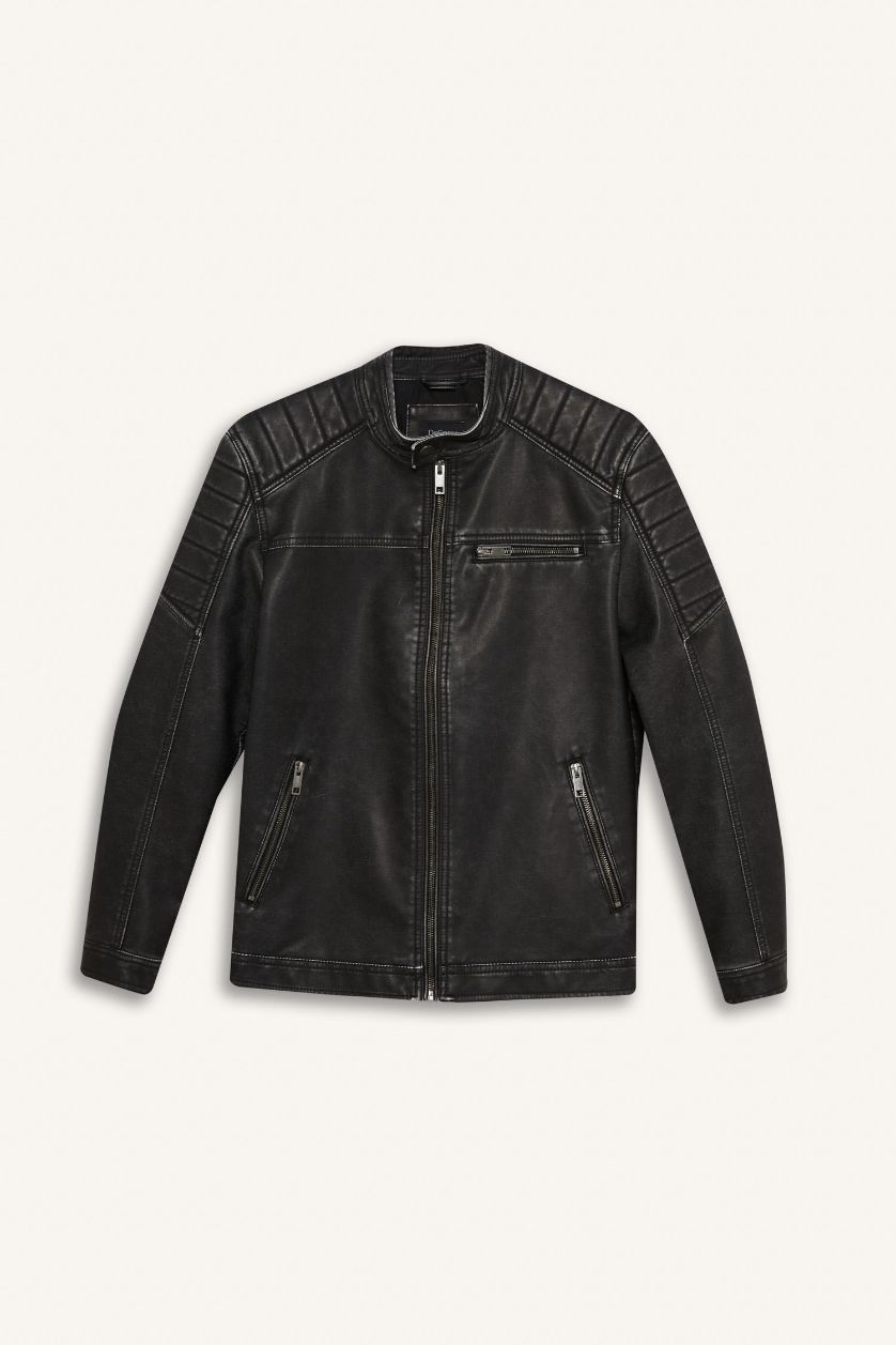 Erkek Siyah Slim Fit Dar Kesim Dik Yaka Fermuarlı Biker Suni Deri Mont