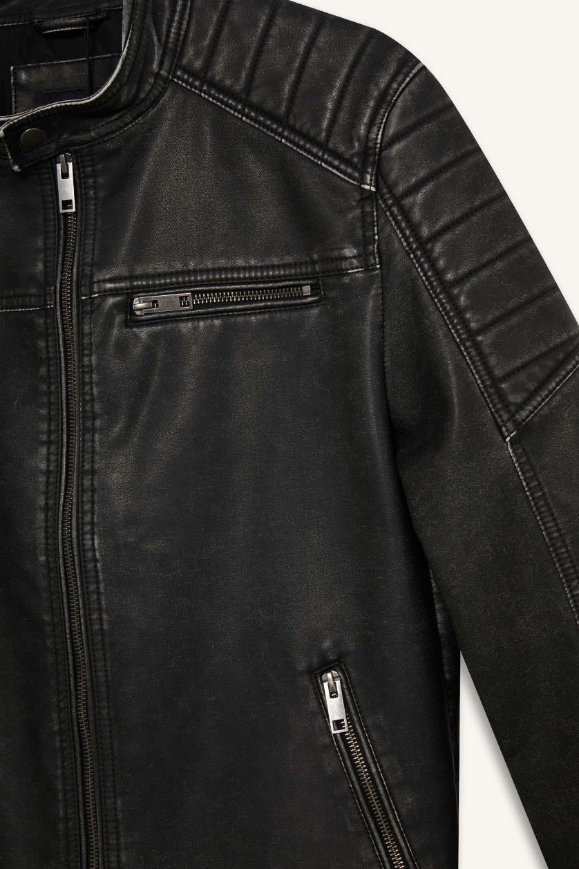 Erkek Siyah Slim Fit Dar Kesim Dik Yaka Fermuarlı Biker Suni Deri Mont