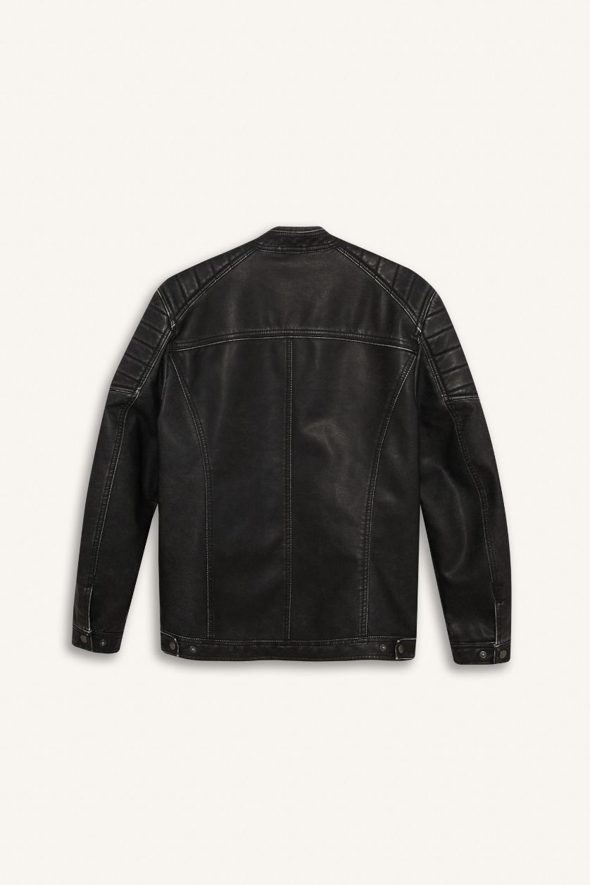 Erkek Siyah Slim Fit Dar Kesim Dik Yaka Fermuarlı Biker Suni Deri Mont