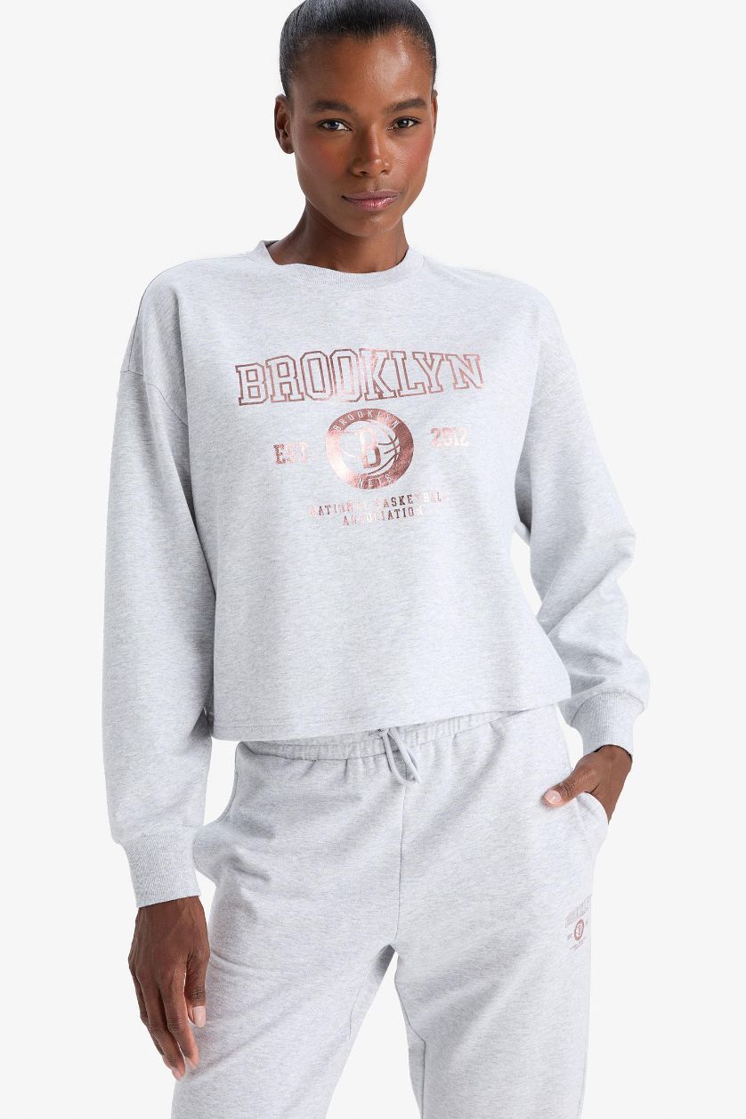 WOMAN Light Grey Melange DeFactoFit NBA Brooklyn Nets Sports Sweatshirt