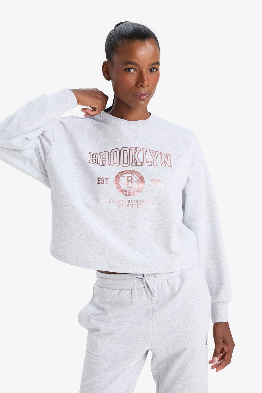 WOMAN Light Grey Melange DeFactoFit NBA Brooklyn Nets Sports Sweatshirt