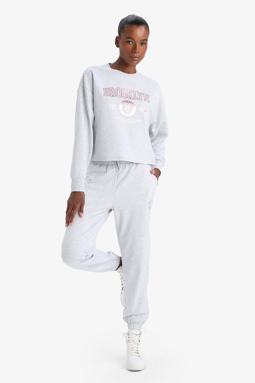 WOMAN Light Grey Melange DeFactoFit NBA Brooklyn Nets Standard Fit Jogger Sweatpants