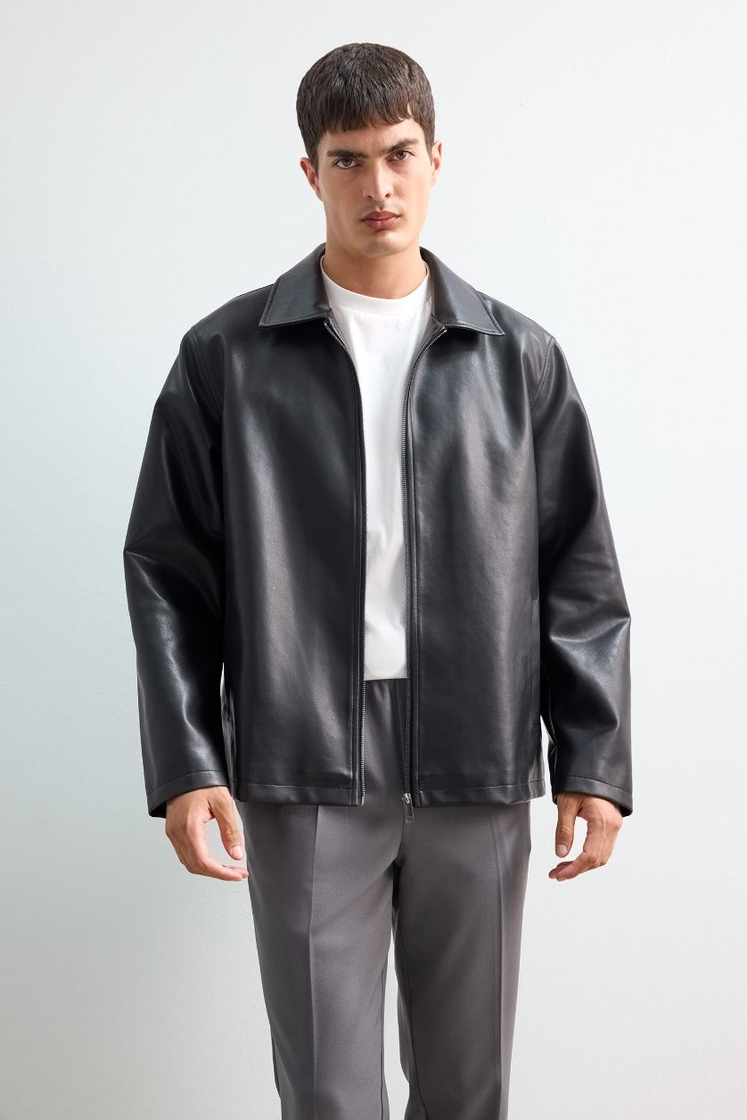 رجالي أسود جاكيت جلد صناعي قصة عادية بياقة قميص