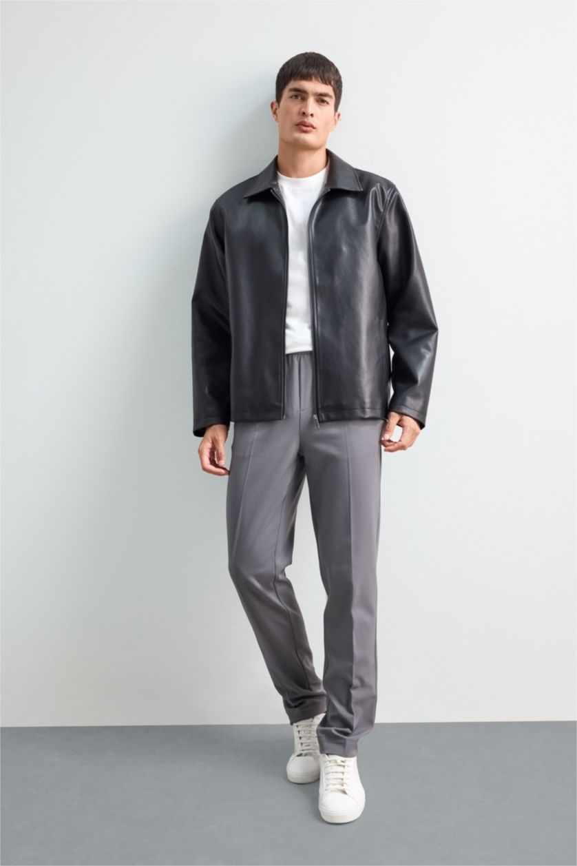 رجالي أسود جاكيت جلد صناعي قصة عادية بياقة قميص