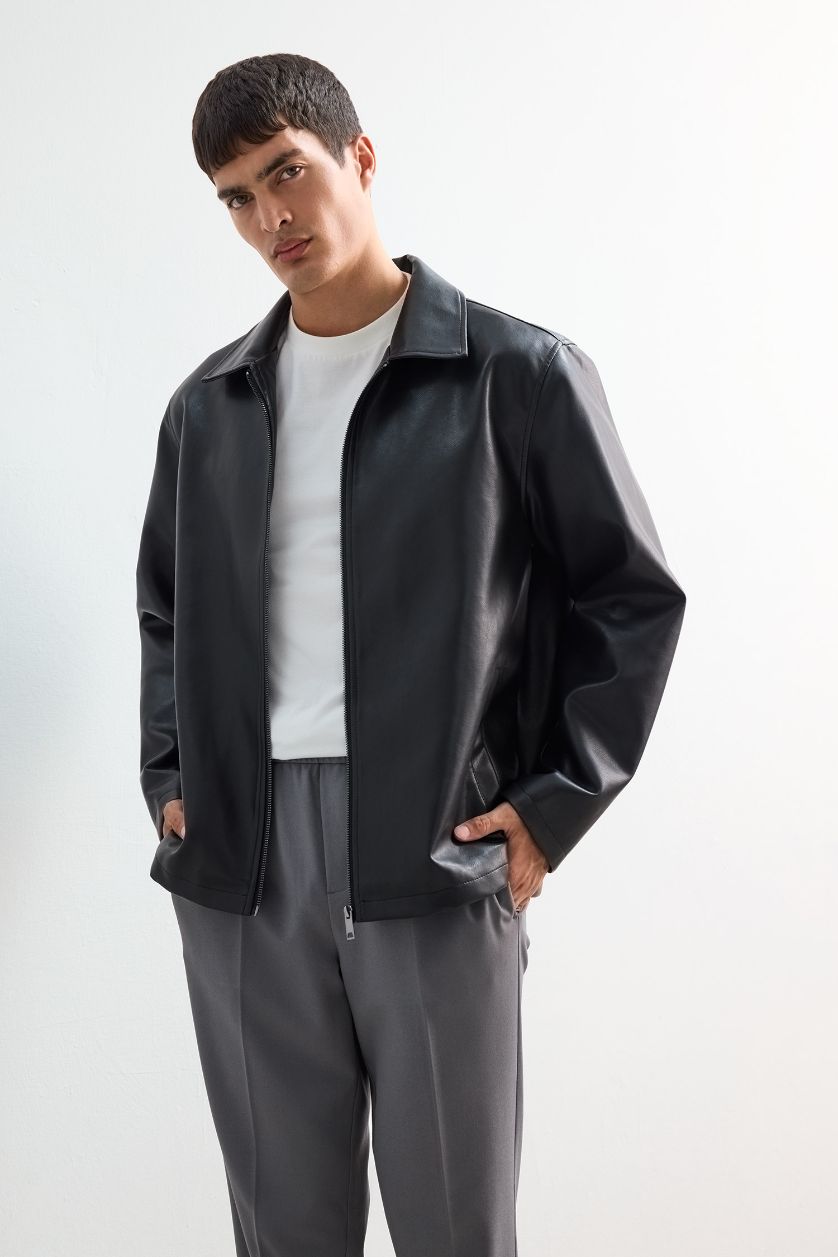 رجالي أسود جاكيت جلد صناعي قصة عادية بياقة قميص