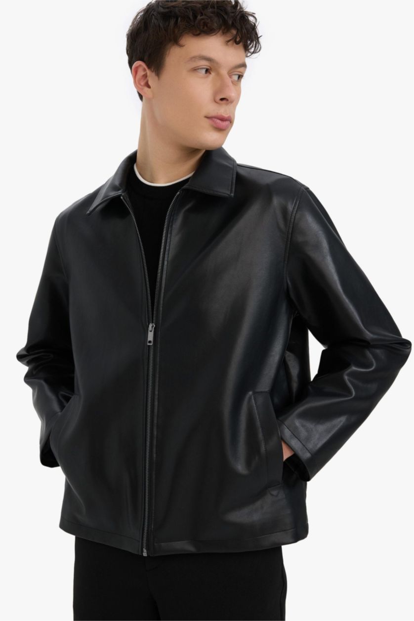 رجالي أسود جاكيت جلد صناعي قصة عادية بياقة قميص