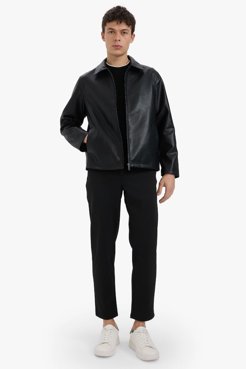 رجالي أسود جاكيت جلد صناعي قصة عادية بياقة قميص