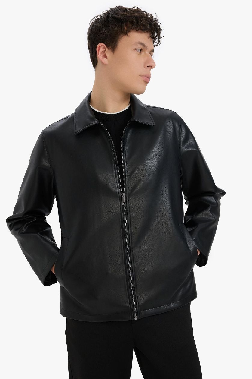 رجالي أسود جاكيت جلد صناعي قصة عادية بياقة قميص
