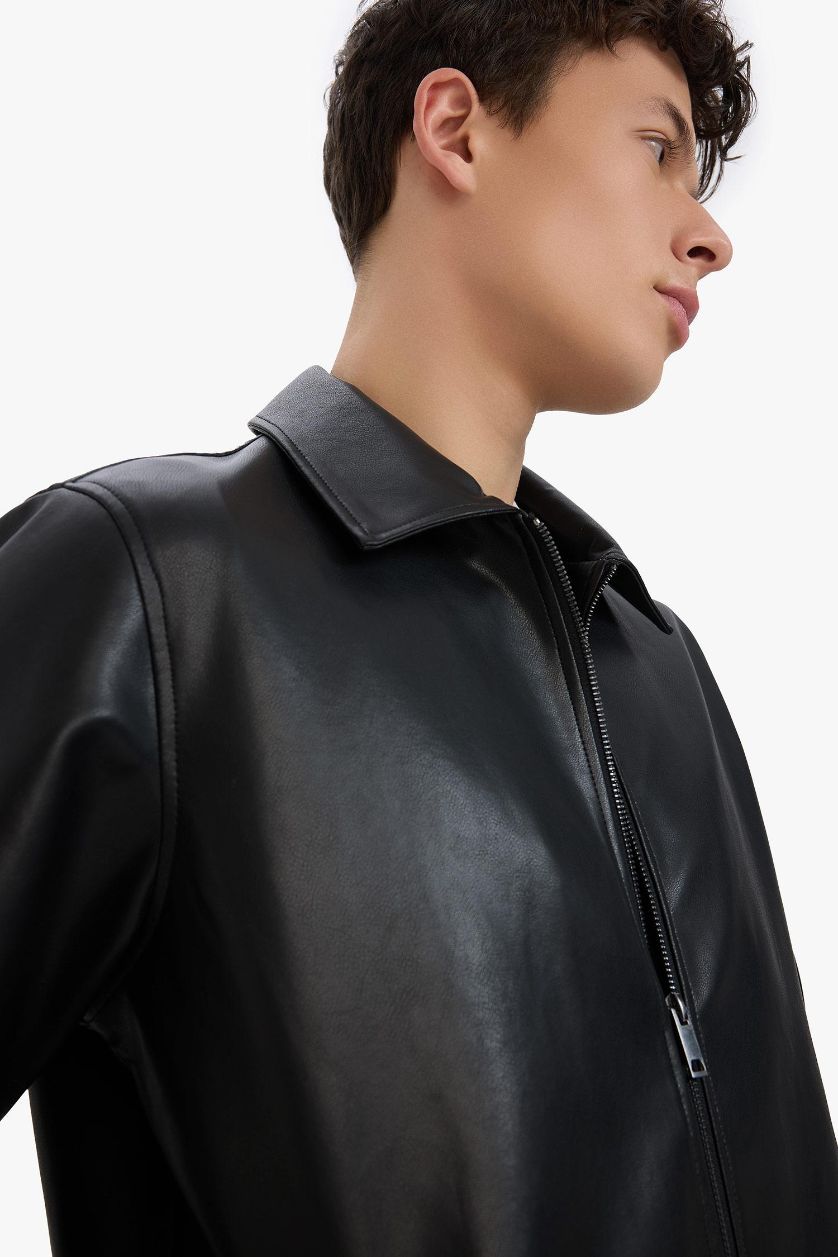 رجالي أسود جاكيت جلد صناعي قصة عادية بياقة قميص