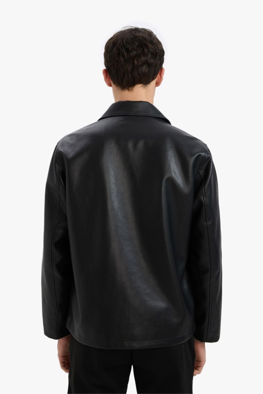 رجالي أسود جاكيت جلد صناعي قصة عادية بياقة قميص