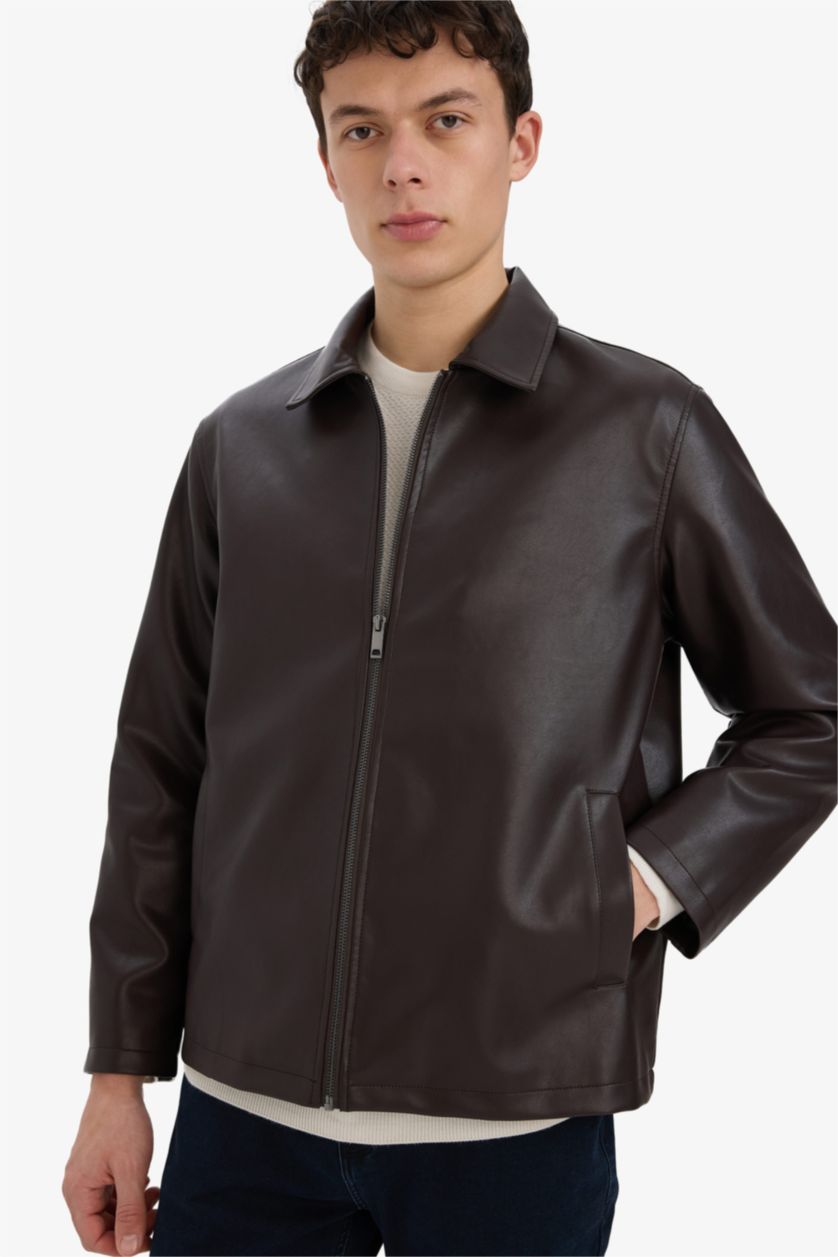 رجالي بني غامق جاكيت جلد صناعي قصة عادية بياقة قميص بجيب من الداخل