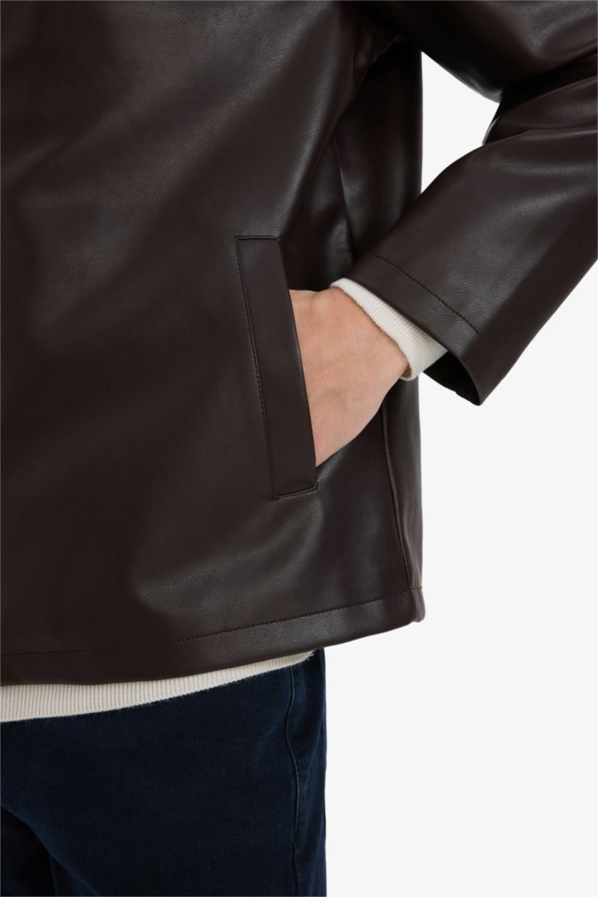 رجالي بني غامق جاكيت جلد صناعي قصة عادية بياقة قميص بجيب من الداخل