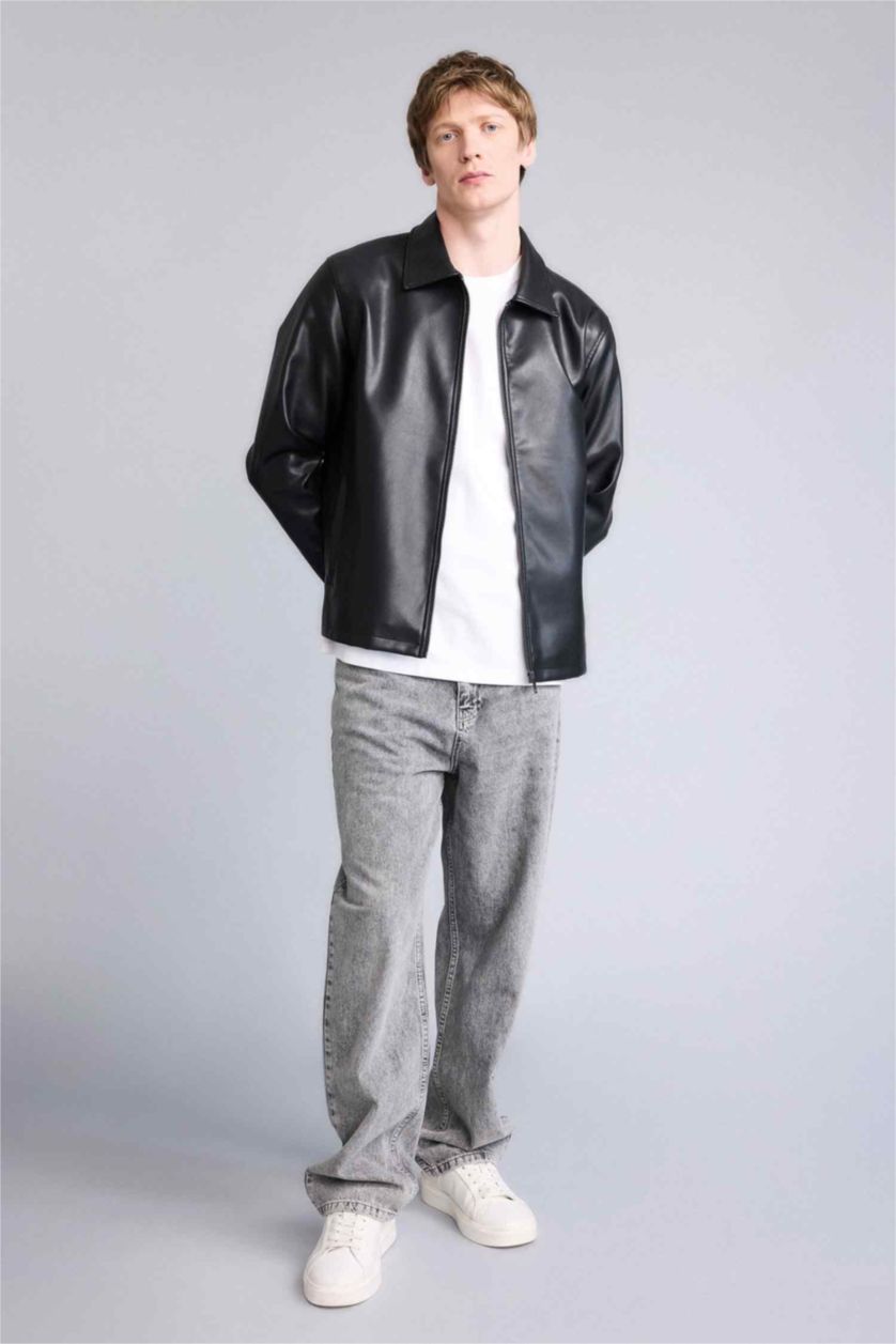 Man Black Regular Fit Faux Leather Jacket