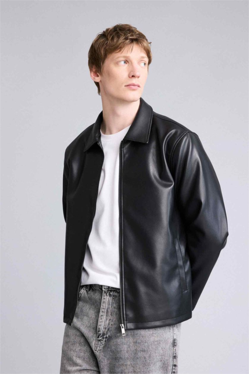 Man Black Regular Fit Faux Leather Jacket