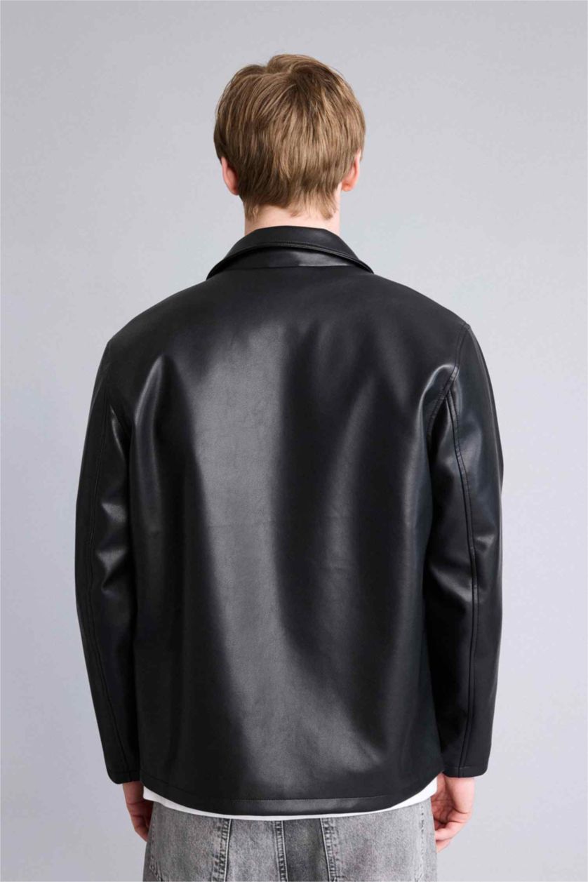 Man Black Regular Fit Faux Leather Jacket