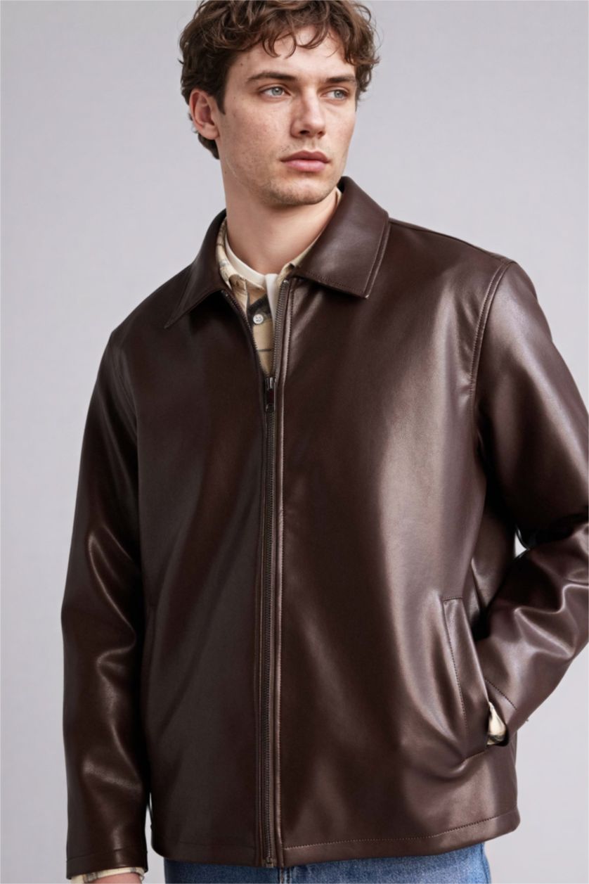 Man Dark Brown Regular Fit Faux Leather Jacket
