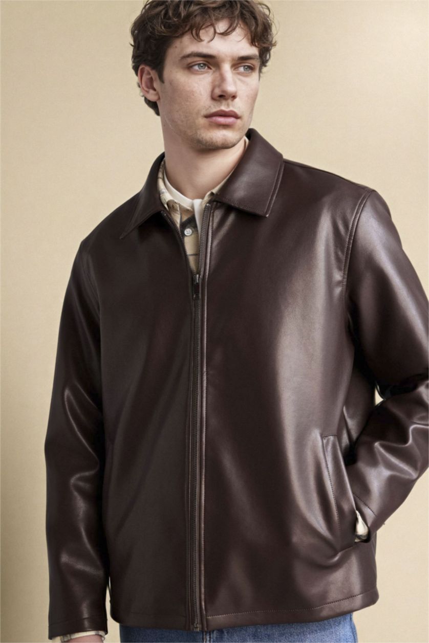 MAN Dark Brown Regular Fit Shirt Collar Zippered Seasonal Faux Leather Jacket