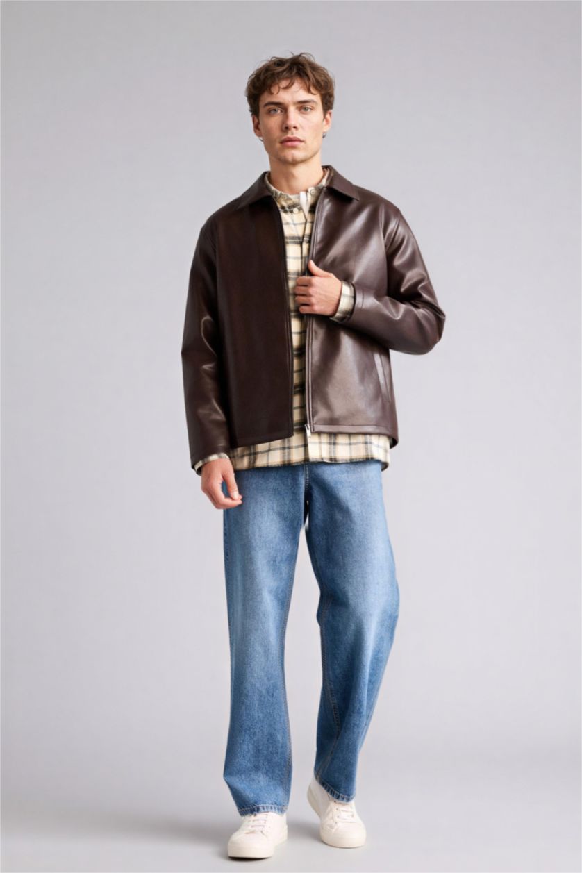 Man Dark Brown Regular Fit Faux Leather Jacket