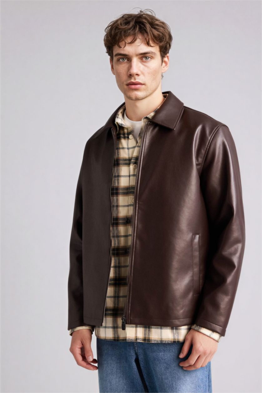 Man Dark Brown Regular Fit Faux Leather Jacket